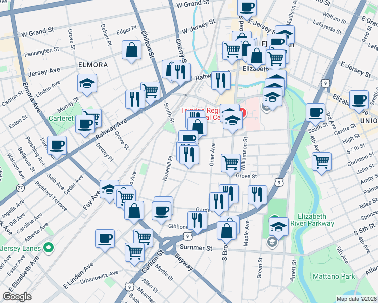 map of restaurants, bars, coffee shops, grocery stores, and more near 336 Washington Avenue in Elizabeth