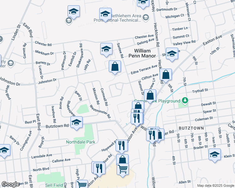 map of restaurants, bars, coffee shops, grocery stores, and more near 3145 Whitehall Avenue in Bethlehem