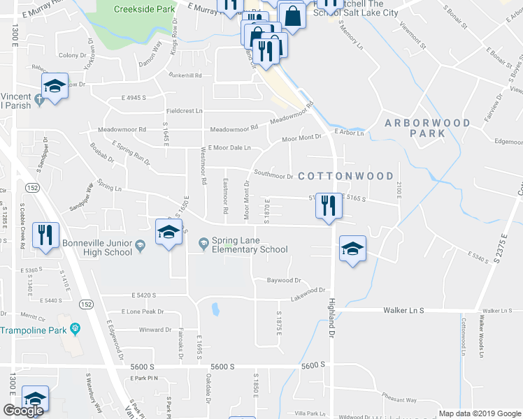 map of restaurants, bars, coffee shops, grocery stores, and more near 5164 South 1870 East in Holladay