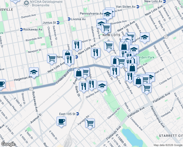 map of restaurants, bars, coffee shops, grocery stores, and more near 374 Dewitt Avenue in Brooklyn