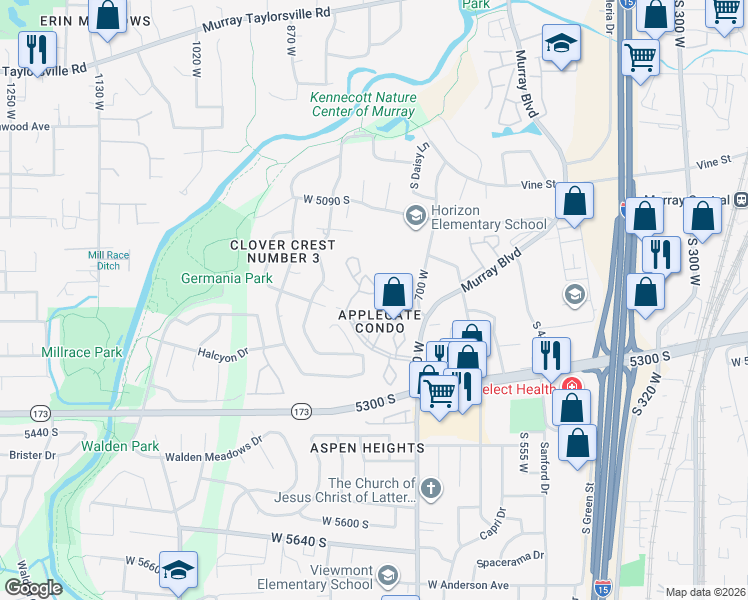 map of restaurants, bars, coffee shops, grocery stores, and more near 770 West Applegate Drive in Murray