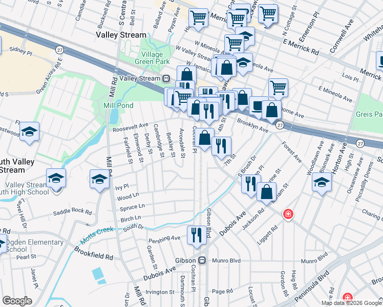 map of restaurants, bars, coffee shops, grocery stores, and more near 98 Cochran Place in Valley Stream