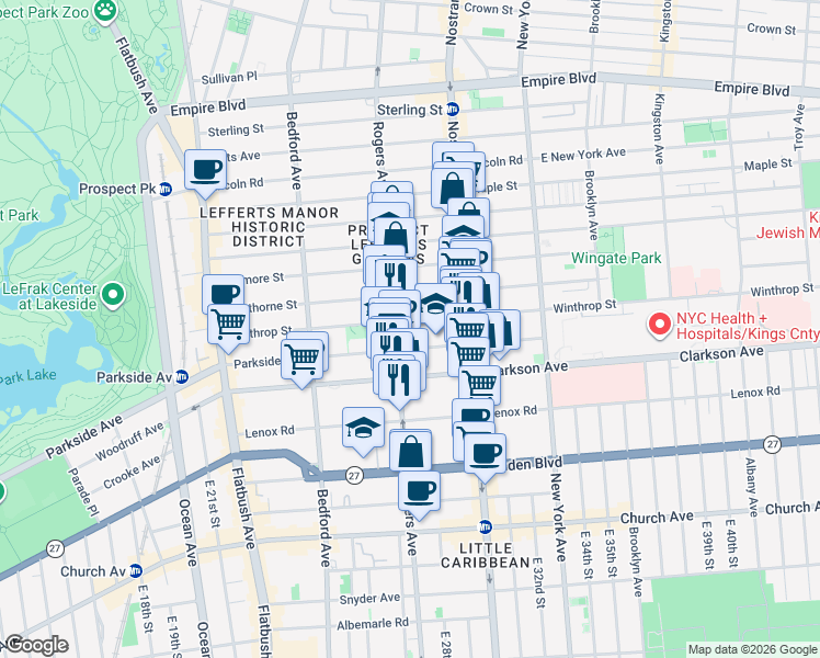 map of restaurants, bars, coffee shops, grocery stores, and more near 636 Rogers Avenue in Brooklyn