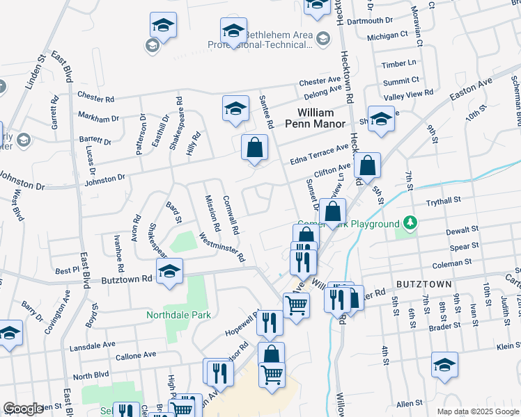 map of restaurants, bars, coffee shops, grocery stores, and more near 3145 Whitehall Avenue in Bethlehem