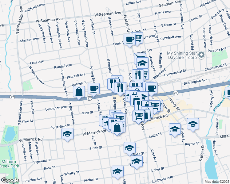 map of restaurants, bars, coffee shops, grocery stores, and more near 28 South Bergen Place in Freeport