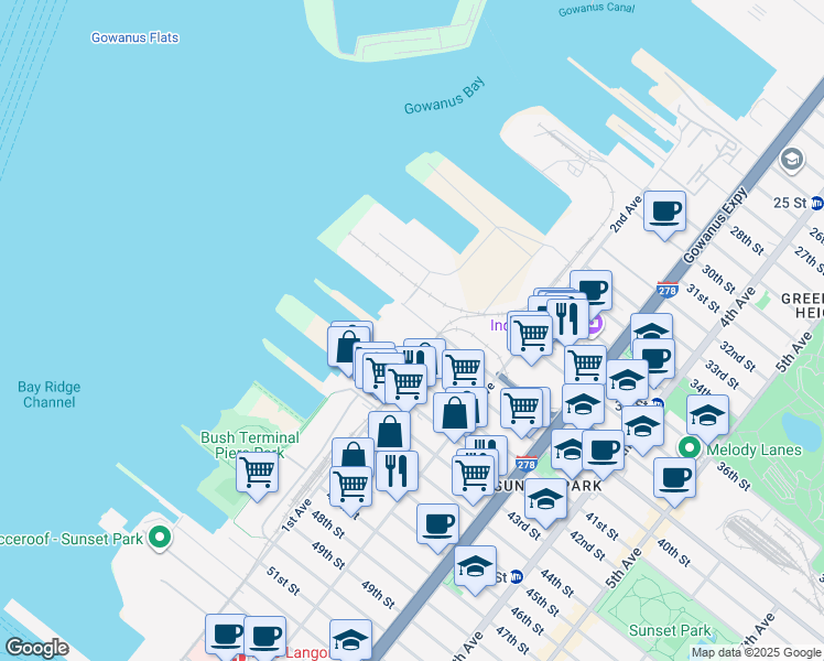 map of restaurants, bars, coffee shops, grocery stores, and more near 3915 1st Avenue in Brooklyn