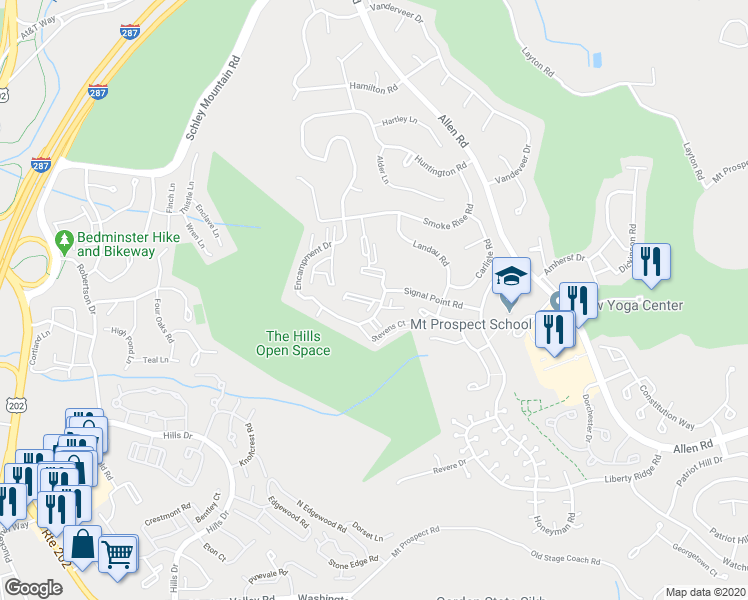 map of restaurants, bars, coffee shops, grocery stores, and more near 23 Morgan Court in Bedminster Township
