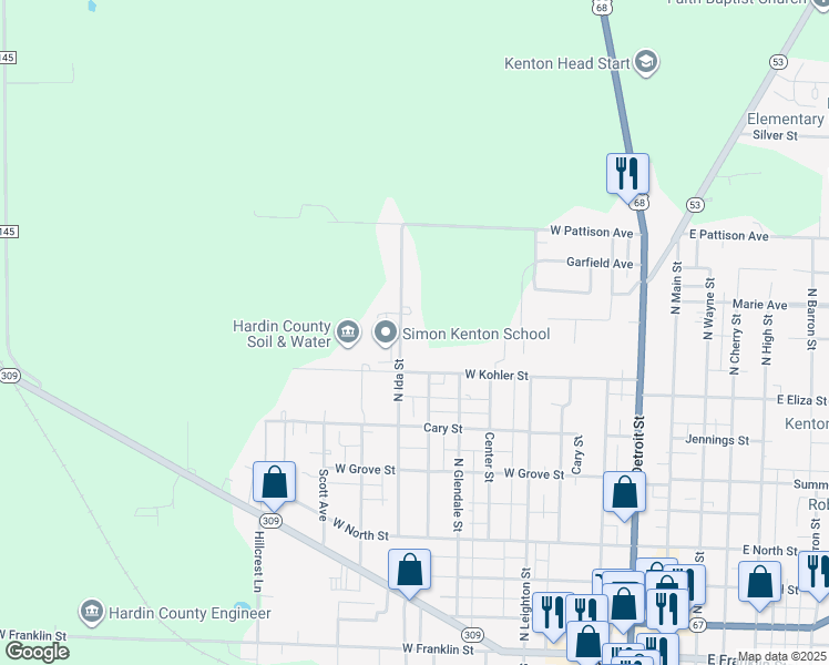 map of restaurants, bars, coffee shops, grocery stores, and more near 820 West Kohler Street in Kenton