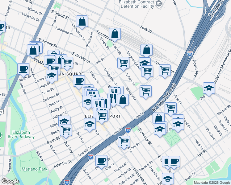 map of restaurants, bars, coffee shops, grocery stores, and more near 529 East Jersey Street in Elizabeth