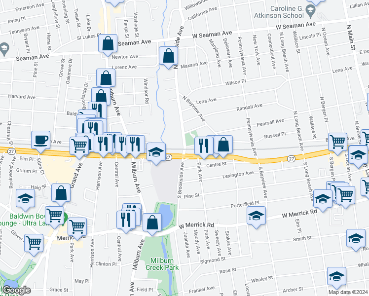 map of restaurants, bars, coffee shops, grocery stores, and more near 3 North Brookside Avenue in Freeport