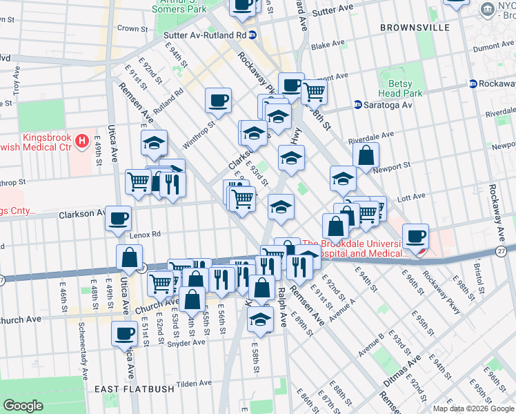 map of restaurants, bars, coffee shops, grocery stores, and more near 405 Remsen Avenue in Brooklyn