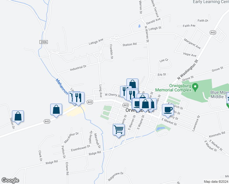 map of restaurants, bars, coffee shops, grocery stores, and more near 2 Oakdale Estates in Orwigsburg