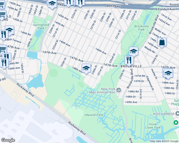 map of restaurants, bars, coffee shops, grocery stores, and more near 147-11 230th Street in Queens