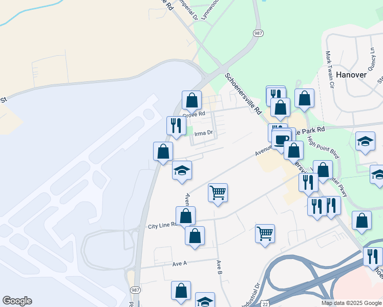 map of restaurants, bars, coffee shops, grocery stores, and more near 3350 Airport Road in Allentown