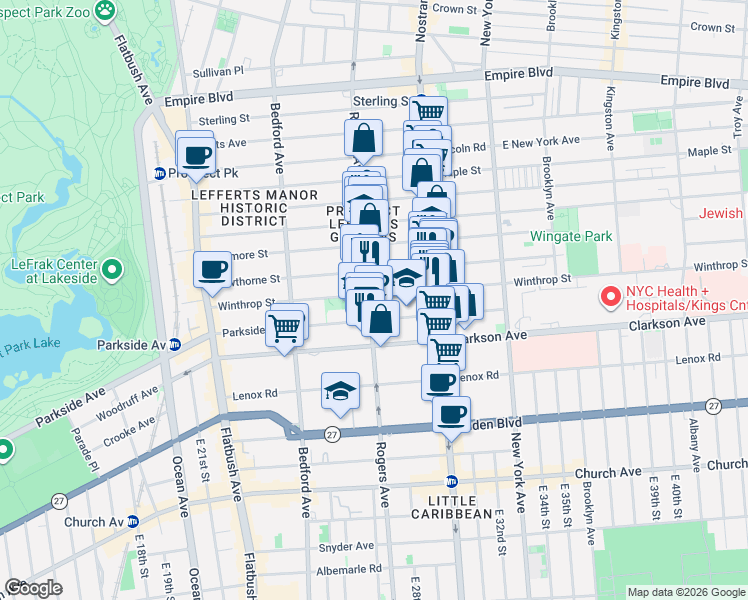 map of restaurants, bars, coffee shops, grocery stores, and more near 609 Rogers Avenue in Brooklyn