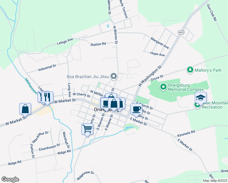 map of restaurants, bars, coffee shops, grocery stores, and more near 224 North Warren Street in Orwigsburg