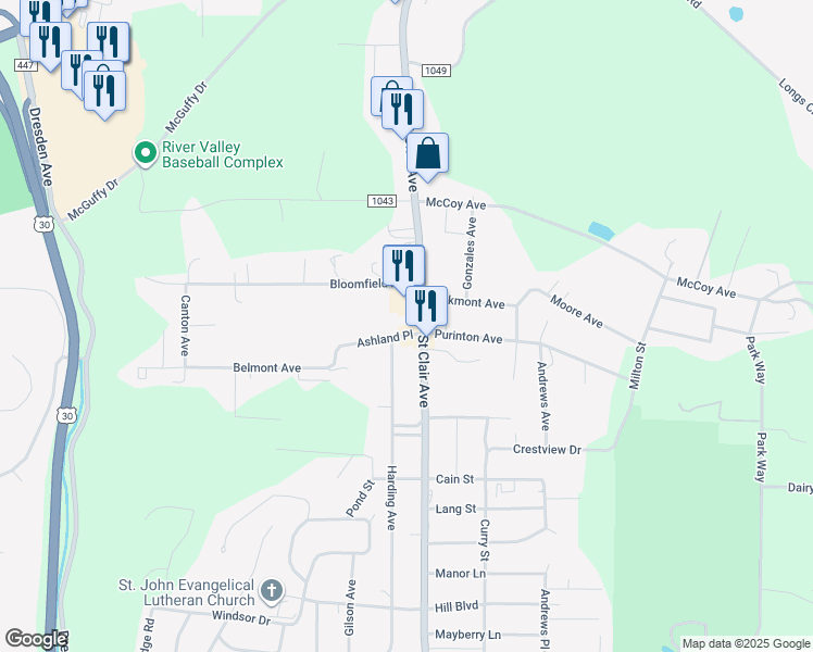 map of restaurants, bars, coffee shops, grocery stores, and more near 49099 Bloomfield Ave in East Liverpool