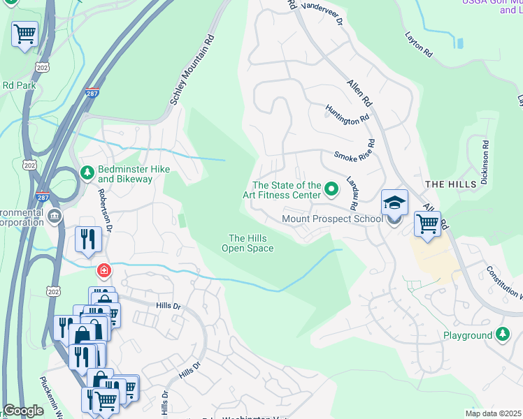 map of restaurants, bars, coffee shops, grocery stores, and more near 39 Encampment Drive in Bedminster Township