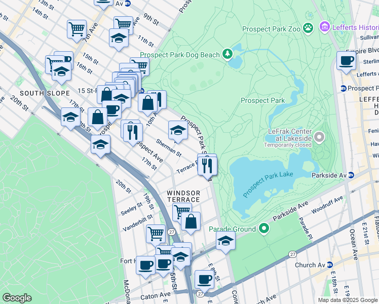 map of restaurants, bars, coffee shops, grocery stores, and more near 1625 11th Avenue in Brooklyn