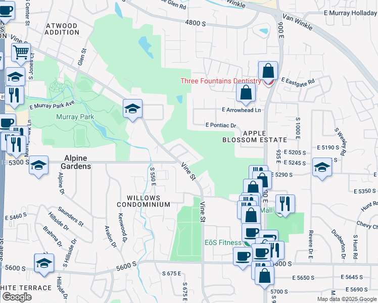 map of restaurants, bars, coffee shops, grocery stores, and more near 5261 South Springhouse Lane in Murray