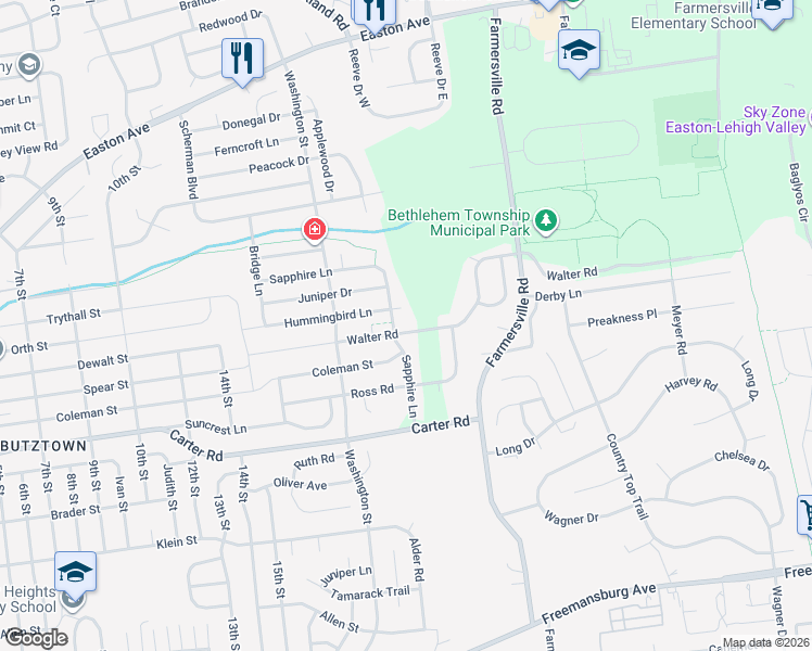 map of restaurants, bars, coffee shops, grocery stores, and more near 2804 Sapphire Lane in Bethlehem