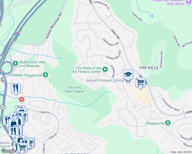 map of restaurants, bars, coffee shops, grocery stores, and more near 7 Kensington Road in Bedminster
