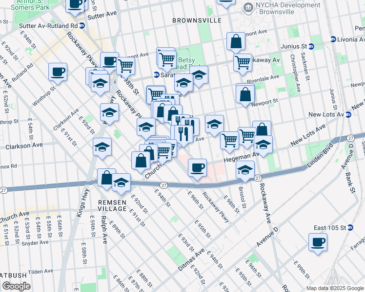 map of restaurants, bars, coffee shops, grocery stores, and more near Church Ave & E 98th St in Brooklyn