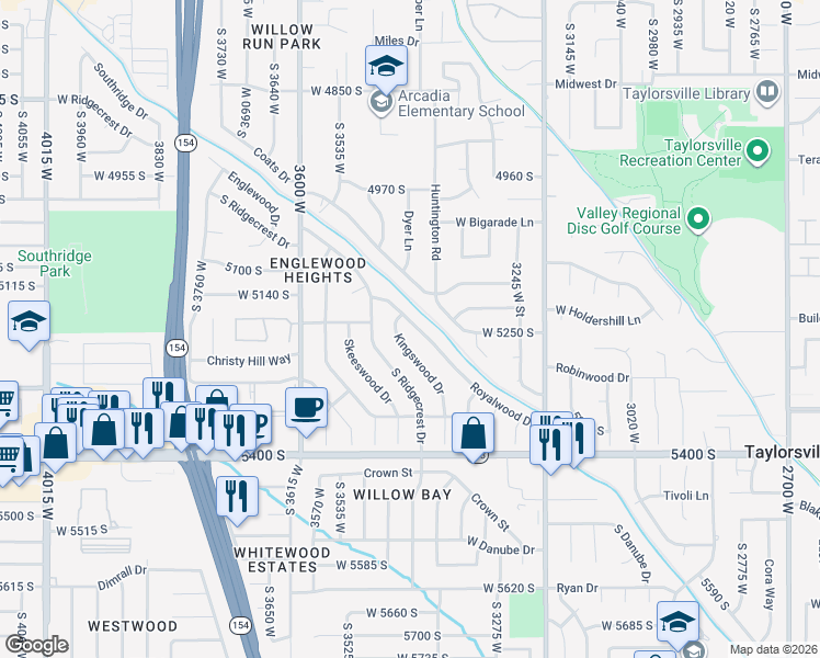 map of restaurants, bars, coffee shops, grocery stores, and more near 5202 Huntington Road in Salt Lake City