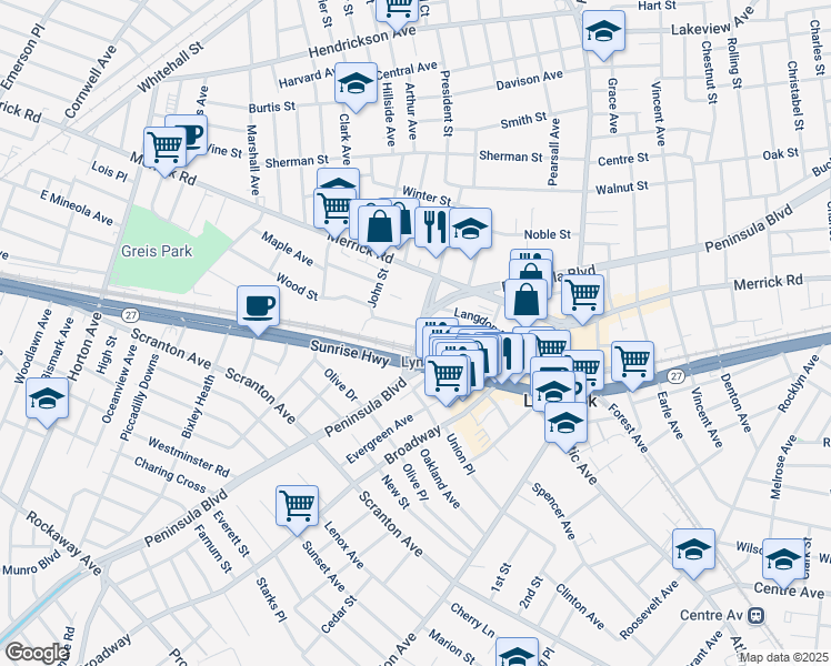 map of restaurants, bars, coffee shops, grocery stores, and more near 28 Peninsula Boulevard in Lynbrook
