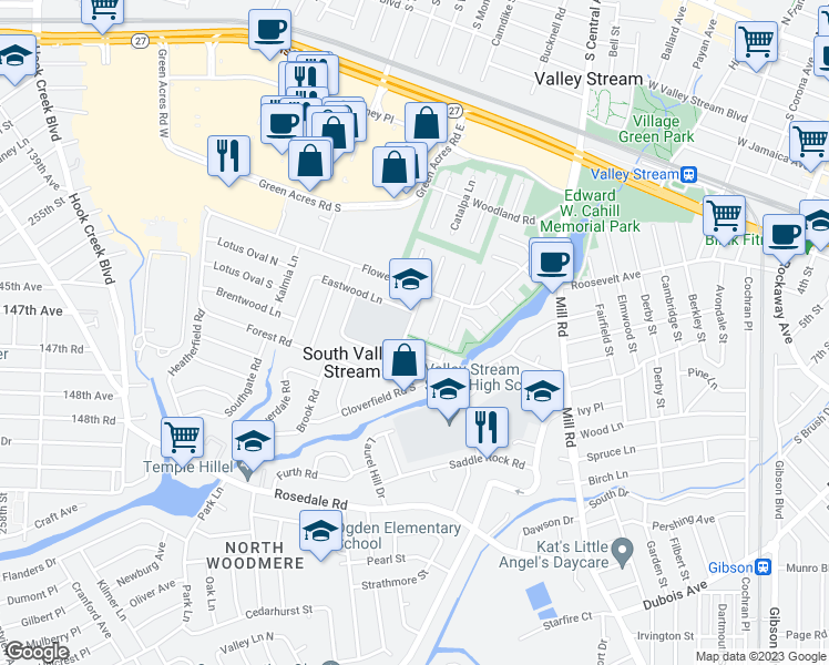 map of restaurants, bars, coffee shops, grocery stores, and more near 19 Firethorne Lane in Valley Stream