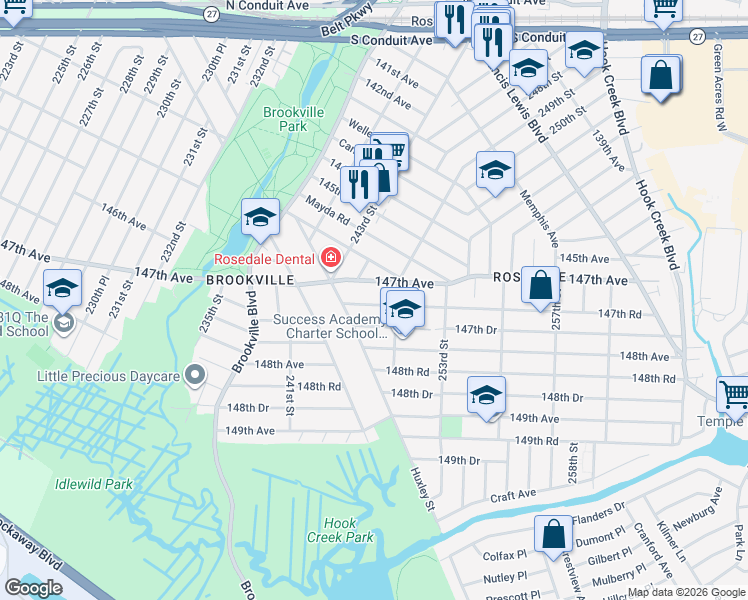 map of restaurants, bars, coffee shops, grocery stores, and more near 245-07 147th Avenue in Queens