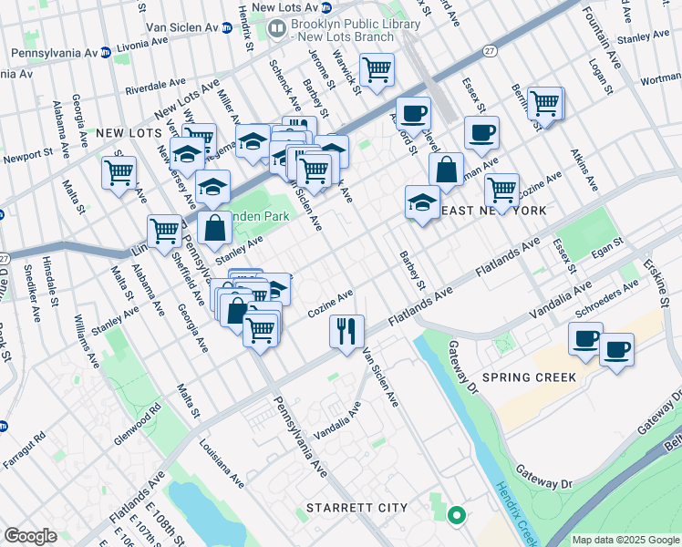 map of restaurants, bars, coffee shops, grocery stores, and more near 270 Wortman Avenue in Brooklyn