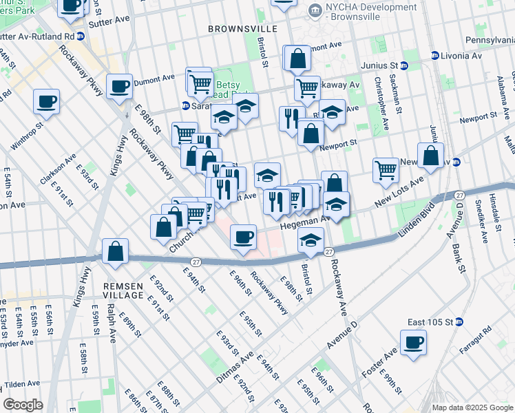 map of restaurants, bars, coffee shops, grocery stores, and more near 75 Lott Avenue in Brooklyn