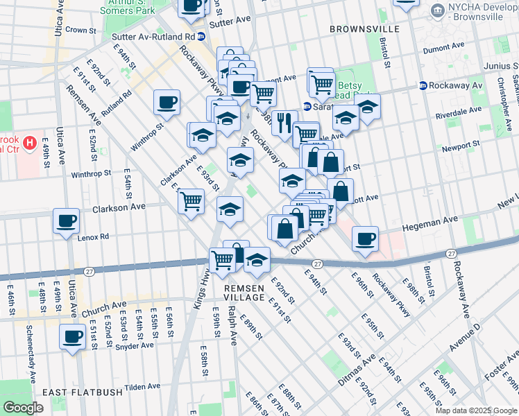 map of restaurants, bars, coffee shops, grocery stores, and more near 399 East 95th Street in Brooklyn