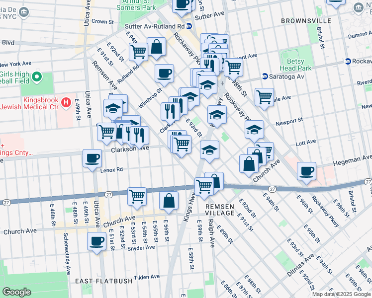 map of restaurants, bars, coffee shops, grocery stores, and more near 330 East 92nd Street in Brooklyn