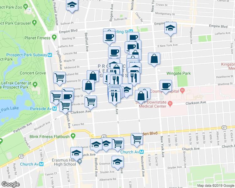 map of restaurants, bars, coffee shops, grocery stores, and more near 583 Rogers Avenue in Brooklyn