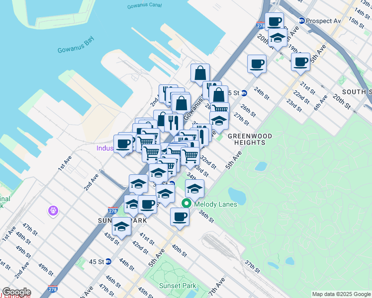 map of restaurants, bars, coffee shops, grocery stores, and more near 146 31st Street in Brooklyn