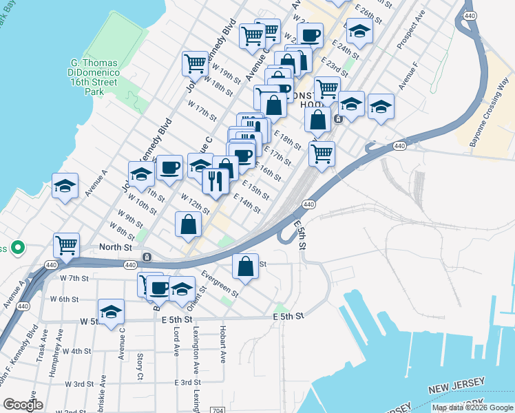 map of restaurants, bars, coffee shops, grocery stores, and more near 22 East 15th Street in Bayonne