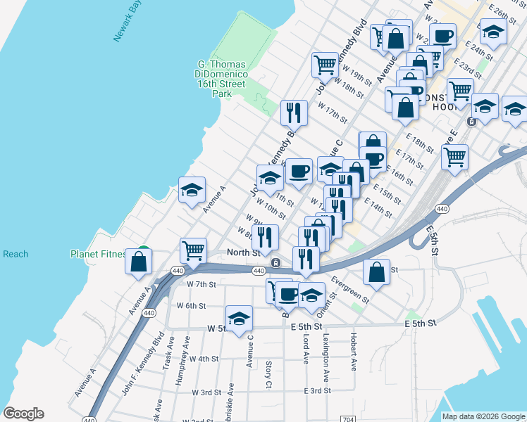 map of restaurants, bars, coffee shops, grocery stores, and more near 330 John F. Kennedy Boulevard in Bayonne