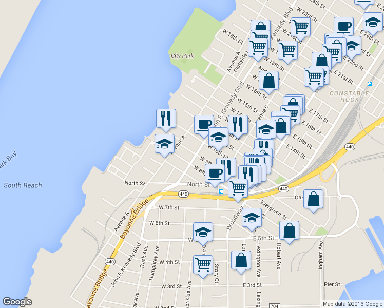 map of restaurants, bars, coffee shops, grocery stores, and more near 125 West 9th Street in Bayonne
