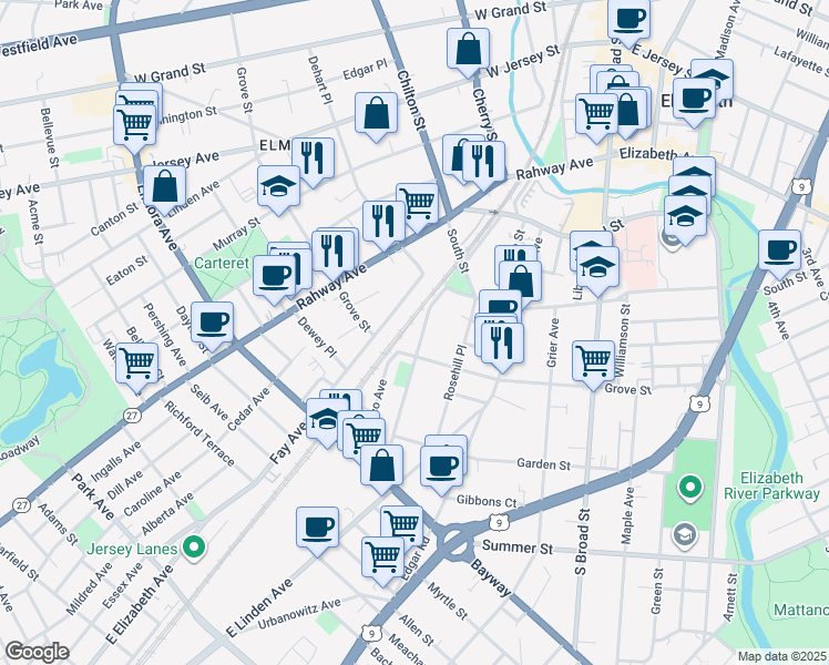 map of restaurants, bars, coffee shops, grocery stores, and more near 330 Fay Avenue in Elizabeth