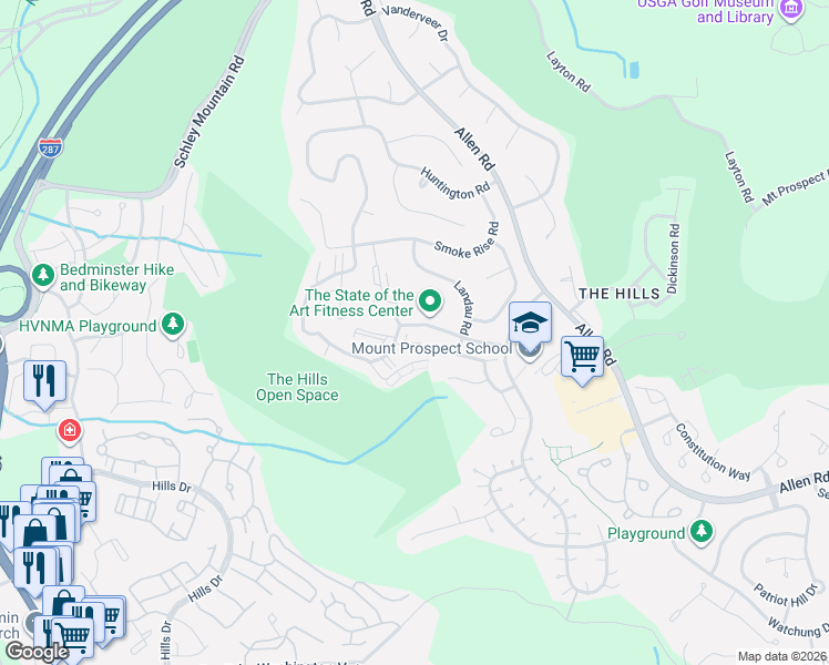map of restaurants, bars, coffee shops, grocery stores, and more near 7 Kensington Road in Bedminster