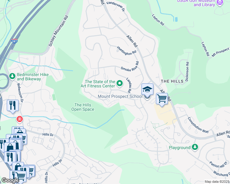 map of restaurants, bars, coffee shops, grocery stores, and more near 7 Kensington Road in Bedminster