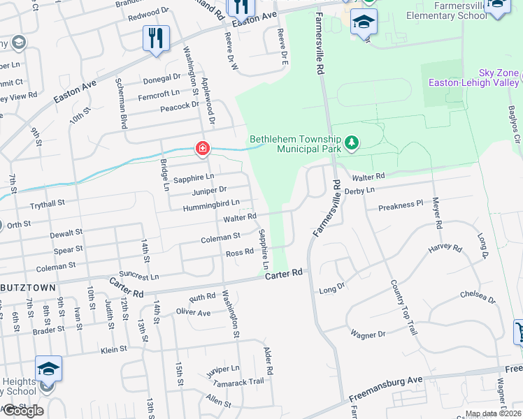 map of restaurants, bars, coffee shops, grocery stores, and more near 2804 Sapphire Lane in Bethlehem