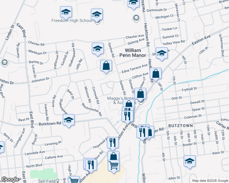 map of restaurants, bars, coffee shops, grocery stores, and more near 3097 Millstone Drive in Bethlehem