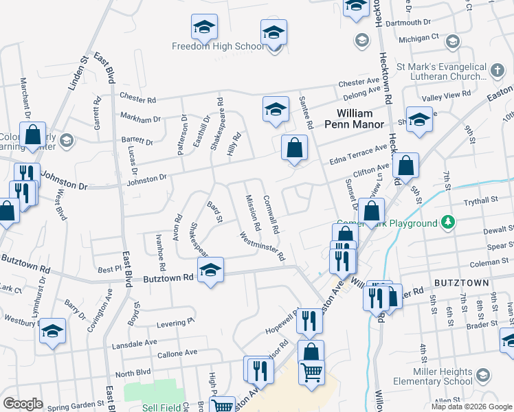 map of restaurants, bars, coffee shops, grocery stores, and more near 3051 Cornwall Road in Bethlehem
