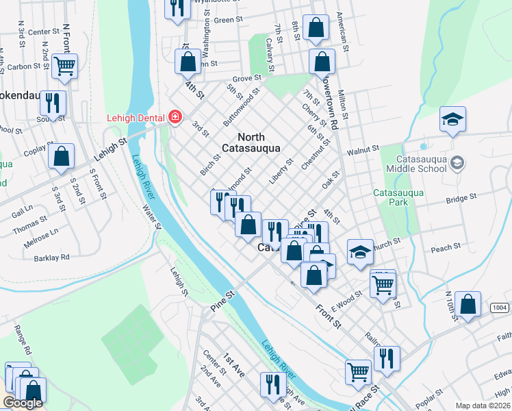 map of restaurants, bars, coffee shops, grocery stores, and more near 756 Limestone Street in Catasauqua