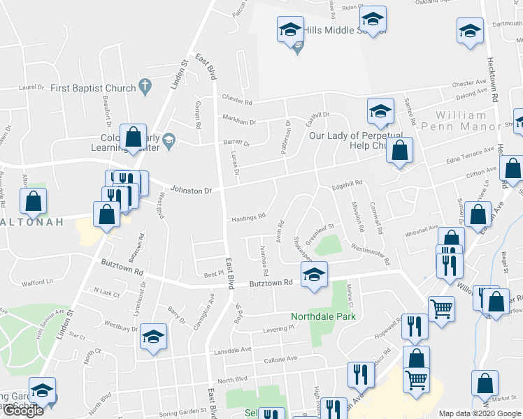 map of restaurants, bars, coffee shops, grocery stores, and more near 1713 Hastings Road in Bethlehem