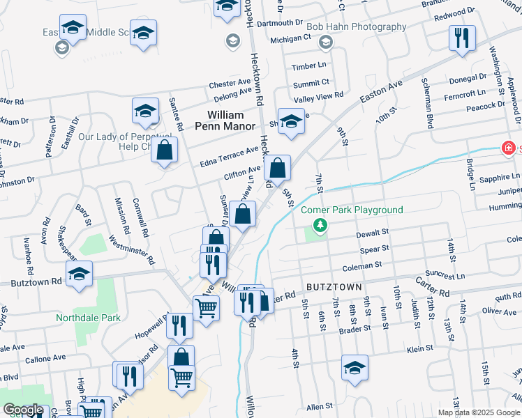 map of restaurants, bars, coffee shops, grocery stores, and more near 3409 Easton Avenue in Bethlehem