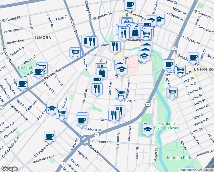 map of restaurants, bars, coffee shops, grocery stores, and more near 730 South Street in Elizabeth